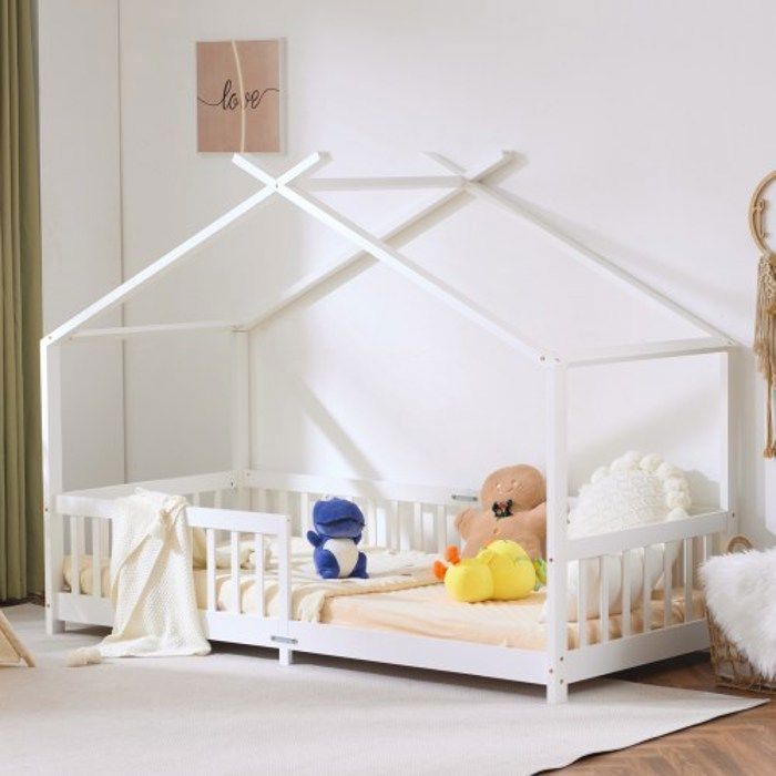 Lit cabane Enfant 90x190 cm sommier à Lattes barrières de sécurité Bois en pin Lit au Sol Montessori pour Enfants Blanc Lit cabane Enfant 90x190 cm sommier à Lattes barrières de sécurité Bois en pin Lit au Sol Montessori pour Enfants Blanc