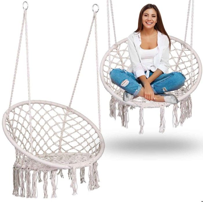 Chaise suspendue de jardin - JANSHOP - BOHO - Beige - Fauteuil à bascule - Corde tressée - Structure métallique