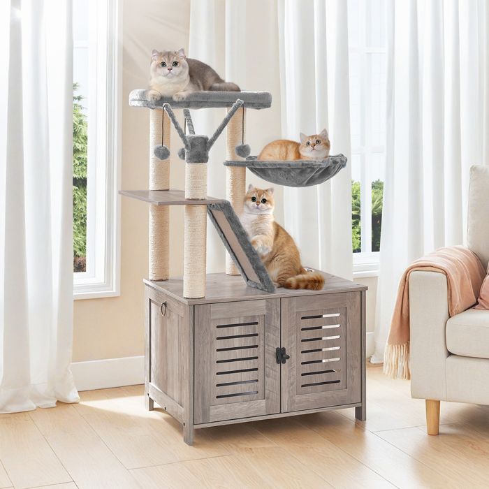HOOBRO Arbre à Chat avec Maison de Litière pour Chat Maison pour Chat en Bois avec Tour à Chat Grège