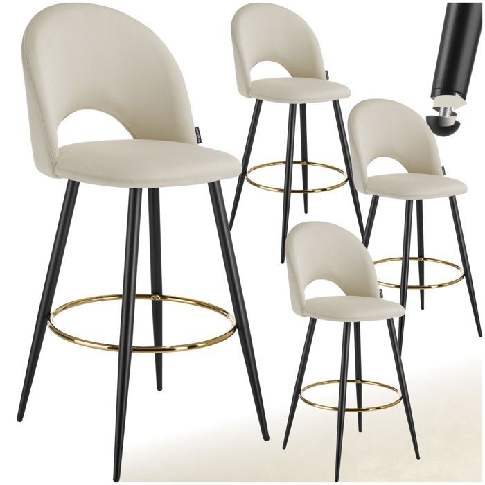 Tabouret de bar - TECTAKE - Lot de 4 tabourets SACHEL aspect velours et repose-pieds 49 x 58 x 110 cm - Crème/Noir