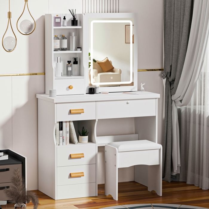 Coiffeuse avec miroir et tabouret Miroir LED avec 3 couleurs 5 Tiroirs 6 étagères 80x36x125cm Blanc