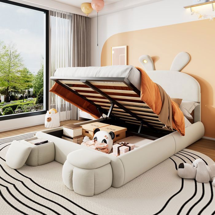 Lit coffre lit enfant 140x200cm lit rembourré avec bande lumineuse fonction rangement design oreilles de lapin - beige