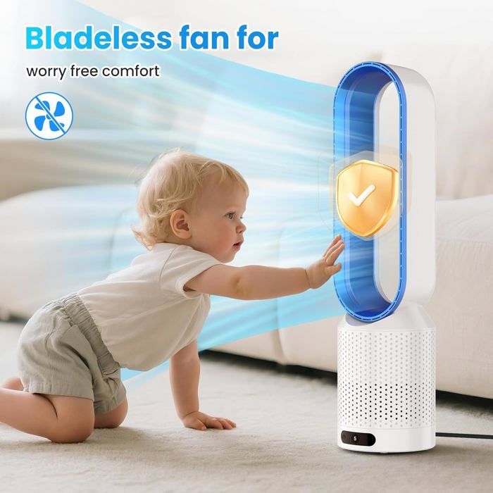 Ventilateur Sans Pale - avec Mode silencieux 8 Vitesses Oscillation à 90° Télécommande Sans Fil Sans Danger pour Les Enfants - Prumya