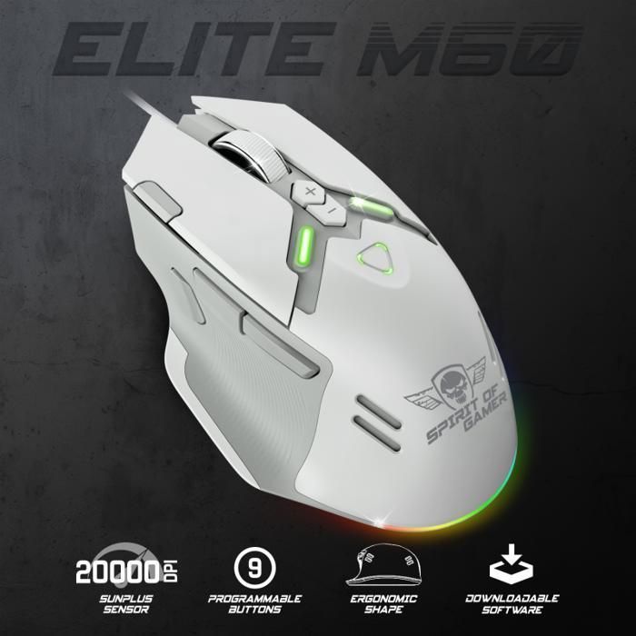 Souris Gamer RGB - SPIRIT OF GAMER - ELITE M60 ARTIC - 20000 DPI - 9 Boutons programmables - Filaire