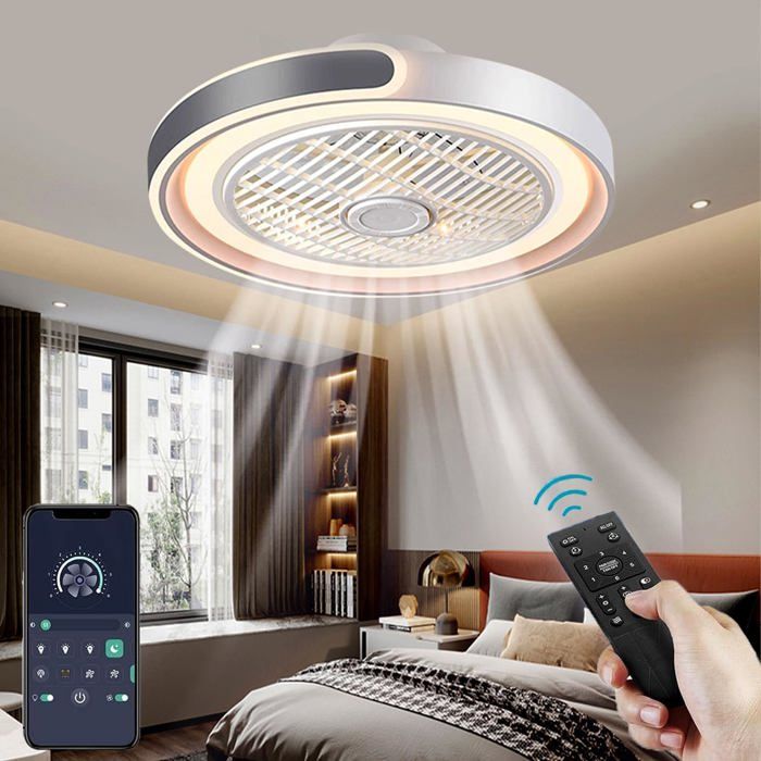 Ventilateur de plafond LED silencieuxtélécommandelumière réglable6 vitesses réversiblespour chambresalondesign gris moderne - Omegasback