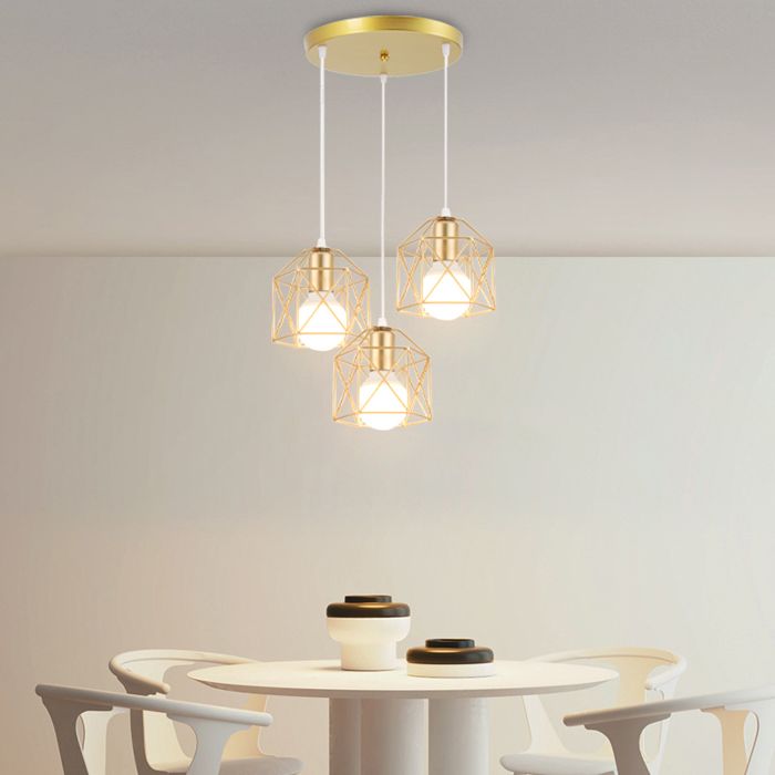 Lustre suspension - SMOTOP - 3 lampes E27 - Doré cage diamant - Métal Ø15 cm