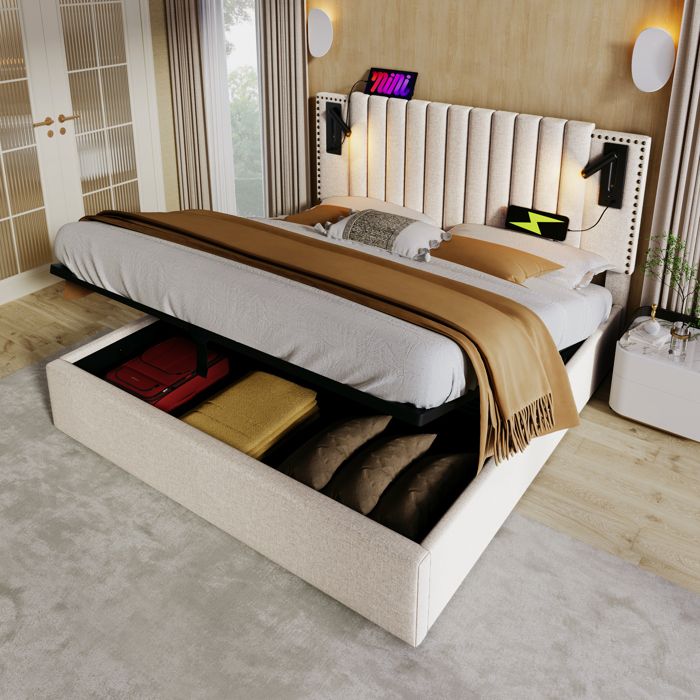 Lit coffre rembourré 160x200cm - Avec rangement - Avec USB et liseuse - Tissu en coton - Beige(matelas non inclus) Lit coffre rembourré 160x200cm - Avec rangement - Avec USB et liseuse - Tissu en coton - Beige(matelas non inclus)