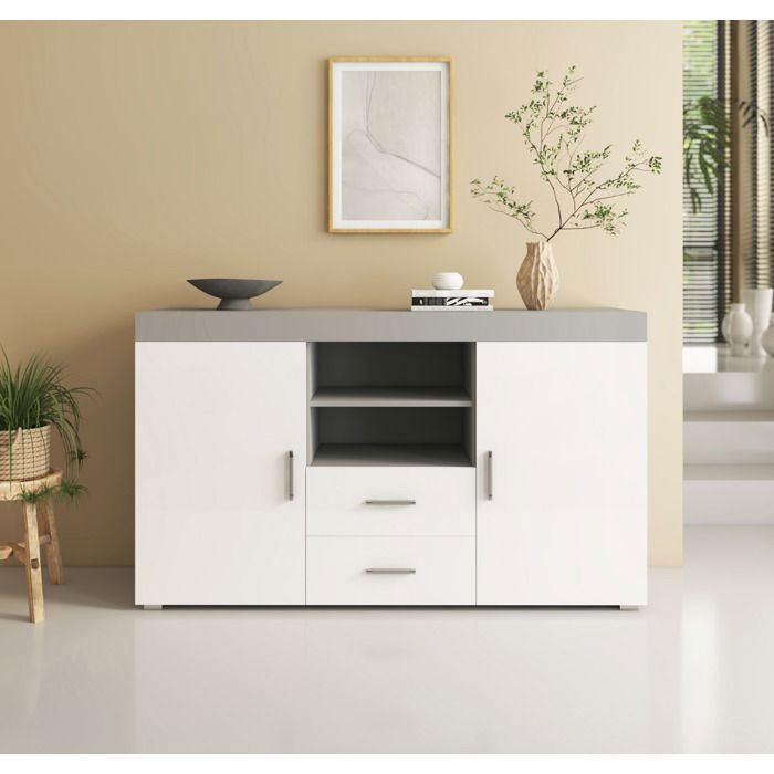 Design Ameublement - Buffet Bahut ROQUE - 2 portes 2 tiroirs - Gris et Blanc - 140x80x40cm