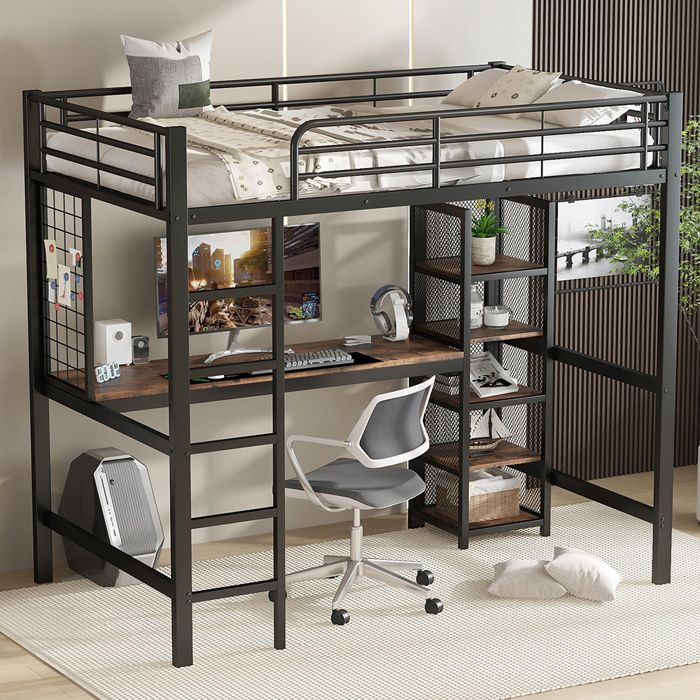 Lit mezzanine Fer+MDF 90x200 cm table étagères grille métal garde-corps Noir bois foncé