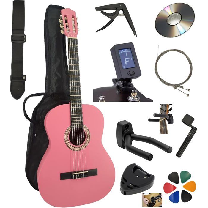 Pack Guitare Classique AMROVA 4/4 pour Adulte : Tout-en-Un avec 10 Accessoires et Cours – Le Meilleur Choix pour Débuter en Rose Élégant