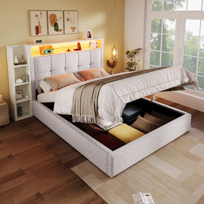 Lit coffre rembourré 90x200 cm - Avec USB Type-C - LED - lin - Avec compartiments de rangement - Gris (matelas non inclus) Lit coffre rembourré 90x200 cm - Avec USB Type-C - LED - lin - Avec compartiments de rangement - Gris (matelas non inclus)