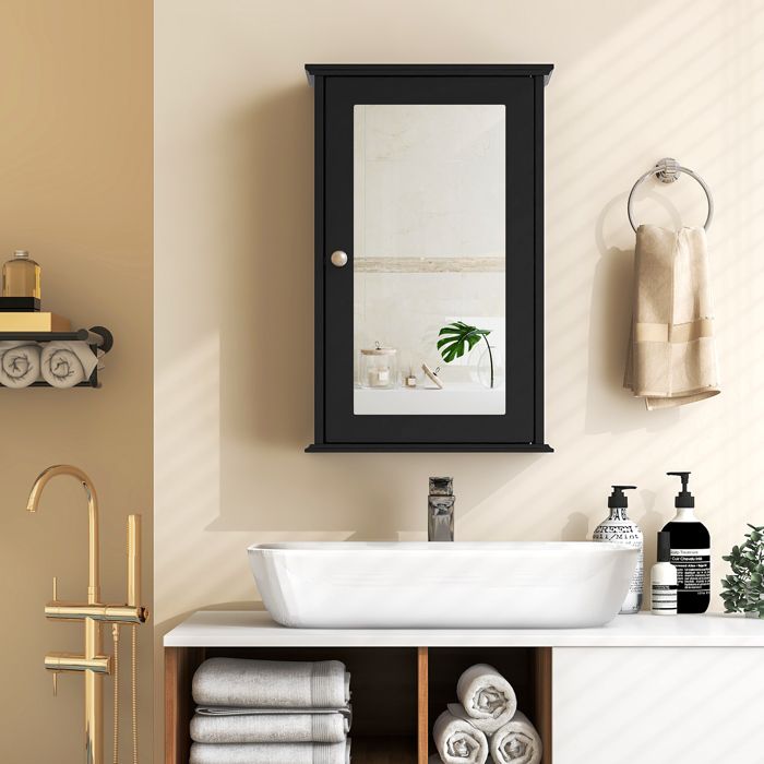 COSTWAY Armoire de Salle de Bain avec Miroir Armoire Suspendue à 2 Niveaux Etagère Réglable 34 x 15 x 51cm Noir