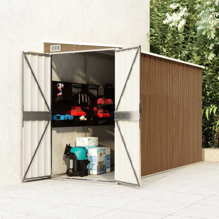 Abri de jardin mural - vidaXL - 118x288x178 cm - Acier galvanisé - Marron - Double porte - Toit en pente