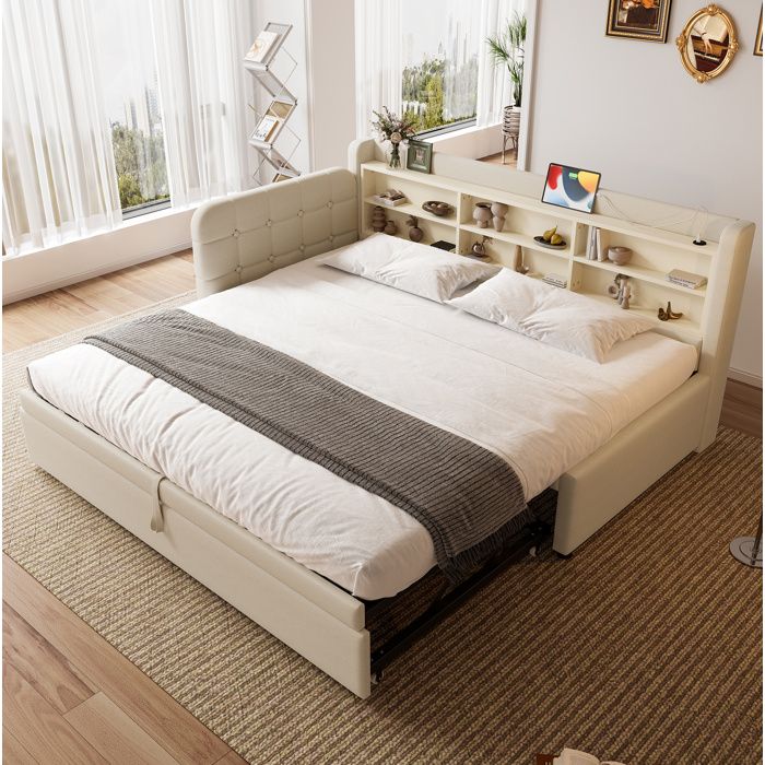 Lit gigogne Maisentiel 90×200 lin beige canapé‑lit tiroir extensible tête capitonnée avec rangements et ports USB/Type‑C