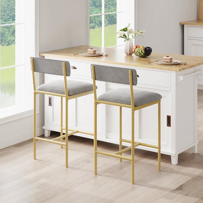 Lot de 2 Tabourets de Bar - Chaise de Cuisine - 64 cm - Gris et Or