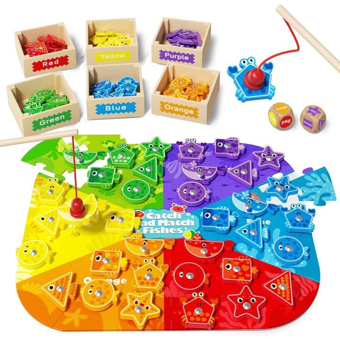 Jeu de Pêche Magnetique 3 en 1, Jeux Montessori, Jeu de pêche avec 18 Poissons et Cannes à Pêche, Jouets Perles De Laçage en Bois - Sport