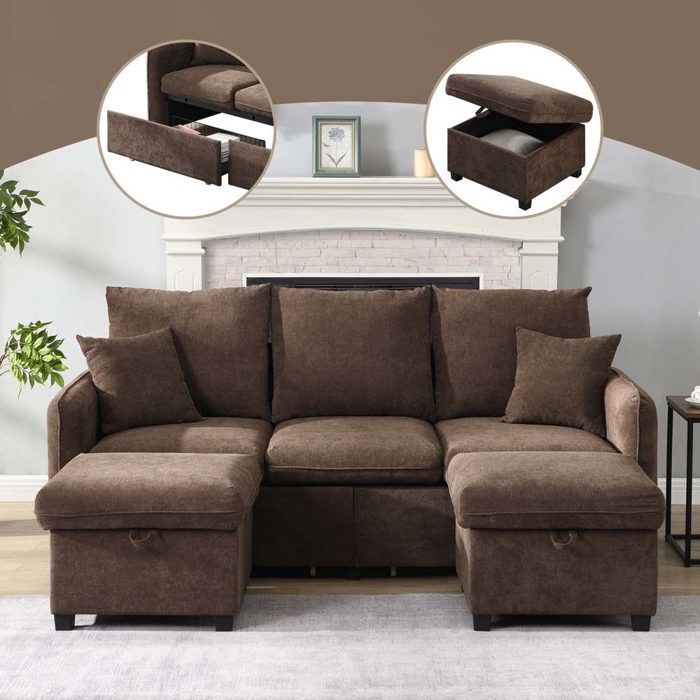 Canapé modulable en U - Convertible (3 places) - Rangement tiroirs & poufs - Velours côtelé marron - Réversible