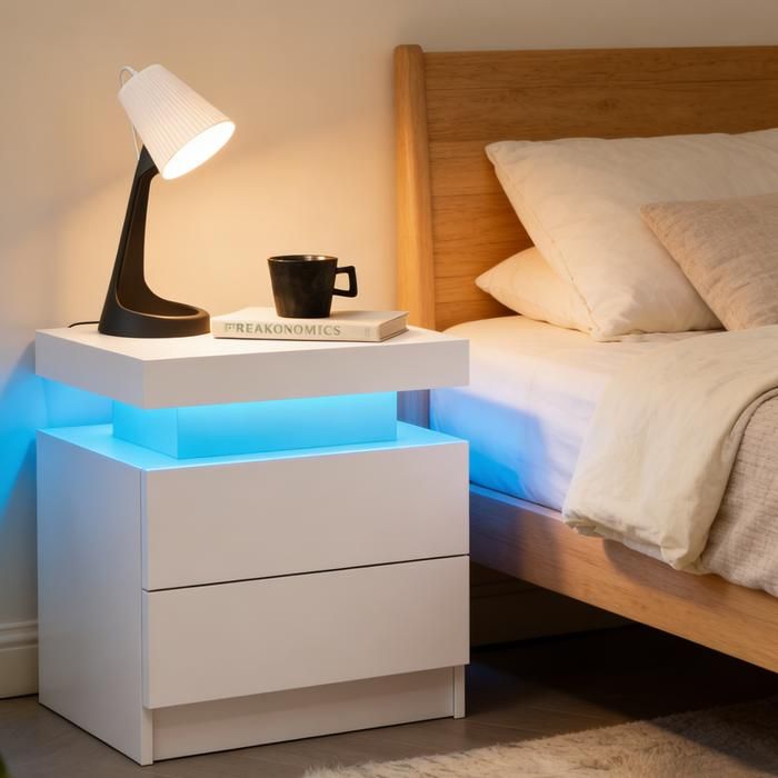 Table de chevet - BELLEMAVE - 2 Tiroirs LED Multicolore Réglable - pour chambre à coucher - blanc