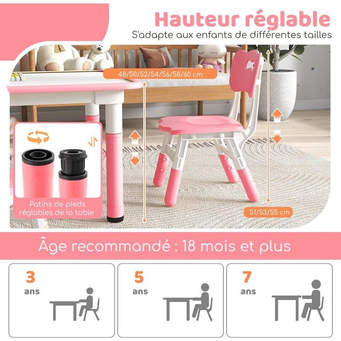 GIANTEX Table Enfant avec 4 Chaises-Hauteurs Réglables avec Plateau à Graffitis-Table de Dessin pour Enfants 2 Ans+ Rose