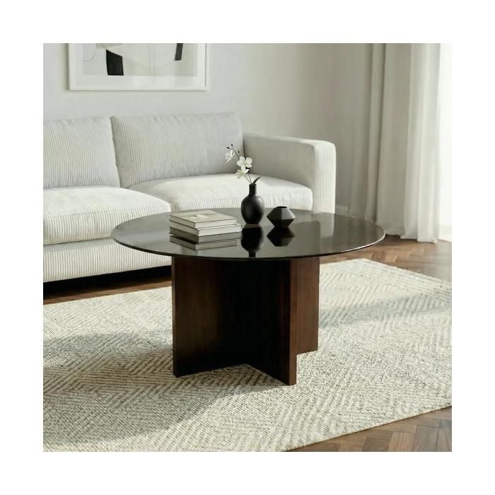 Sicaan table basse ronde ø80cm verre trempé noir et structure noyer giulia
