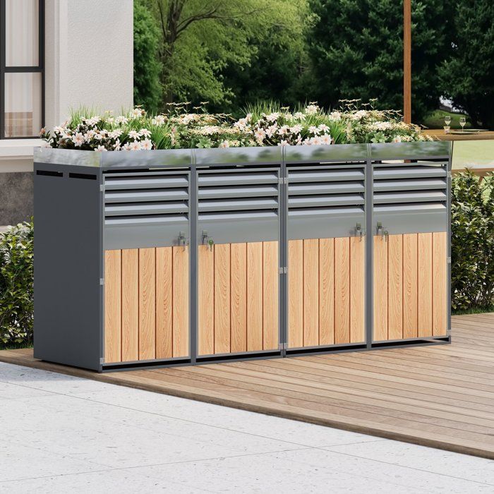 Cache-poubelle avec ventilation à lamelles – Verrouillable 4 portes et surface de plantation – espace de rangement pour poubelles