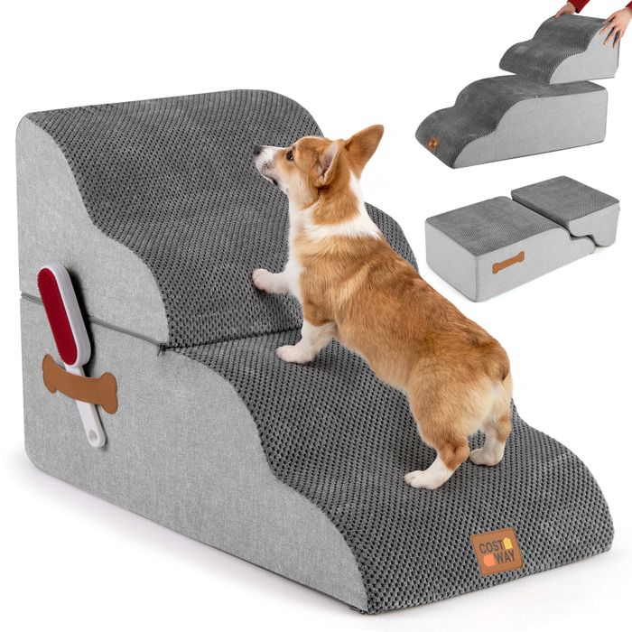 Comparer les prix de Escaliers pour Animaux à 4 Marches COSTWAY Rampe Transformable en Mousse Haute Densité Base Antidérapant Housse Lavable Rouleau