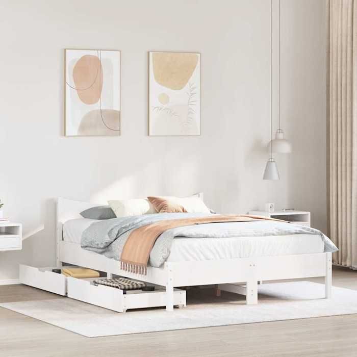 Magnifique Cadre de lit bois - Lit 2 personnes - SARAZYJ - Meuble de chambre - avec tiroirs blanc 150 x 200cm bois de pin massif - 4
