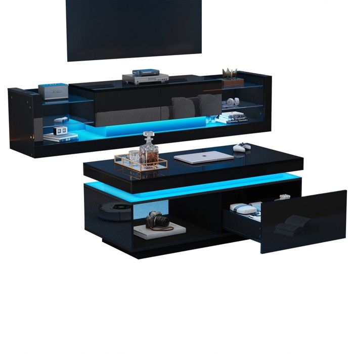 Ensemble Meuble TV Mural+Table Basse-Noir Brillant-LED Intégrées-Salon Moderne-Design Lumineux Ensemble Meuble TV Mural+Table Basse-Noir Brillant-LED Intégrées-Salon Moderne-Design Lumineux