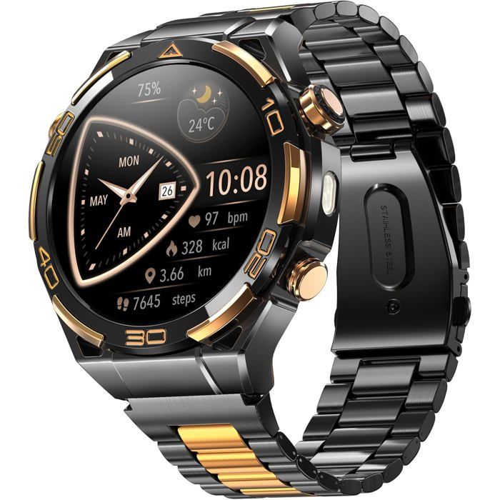 Montre Connectée Homme 14K Or Luxe avec IA ChatGPT Écran AMOLED HD 1.43 GPS Intégré Lampe de Poche Boussole Appels
