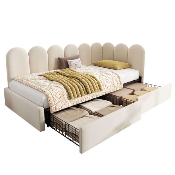 HAVRYA Lit Banquette 90x200 cm - Lit Enfant avec 2 Tiroirs Sommier à Lattes - Velours Beige - Sans Matelas