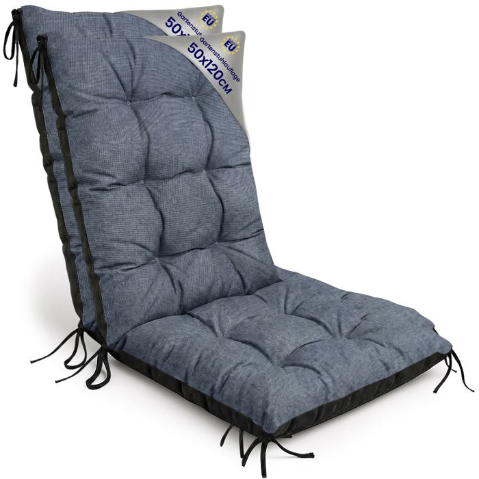 Coussin Chaise Jardin Dossier Haut Set: 2x 50x120 cm - Matelas Siege Extérieur Mobilier Confort Imperméable Jean lin écologique