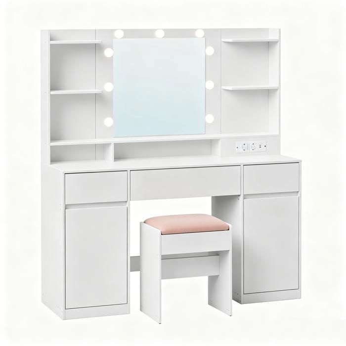 Coiffeuse avec miroir LED tabouret multiprise 2 oplacards 3 tiroirs blanc Coiffeuse avec miroir LED tabouret multiprise 2 oplacards 3 tiroirs blanc