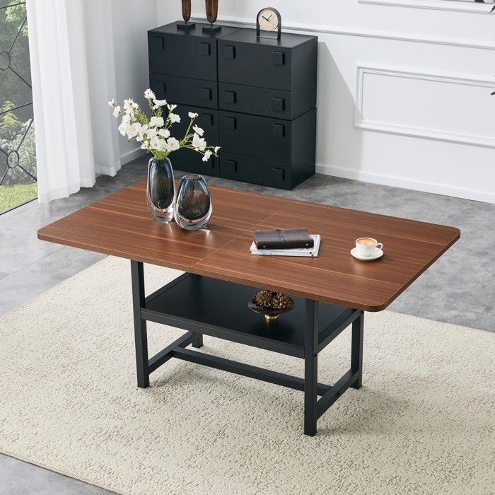 Table à manger rectangulaire 160x90x76cm style industriel finition noyer pieds métal noir étagère convient 4 à 6 personnes