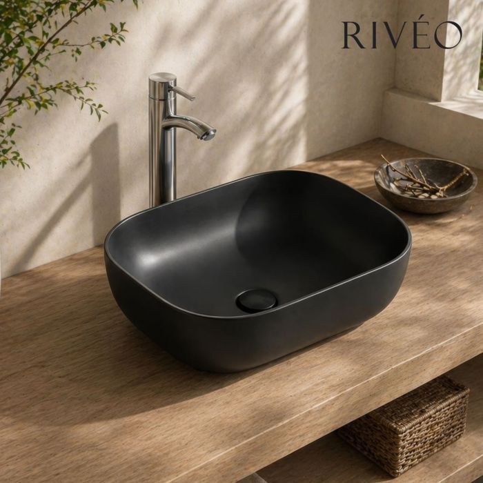 Vasque à poser rectangulaire noire 45 5x32 5 cm - Céramique mate avec bonde assortie incluse - Rivéo