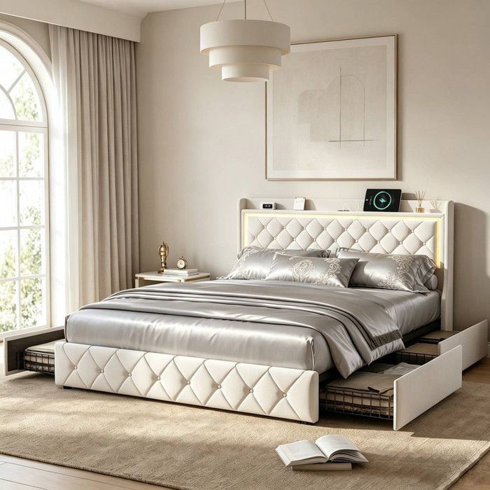 Lit 140x190 avec tiroirs lit double rembourré avec LED et chargement USB lit adulte avec 4 tiroirs sommier à lattes velours Beige