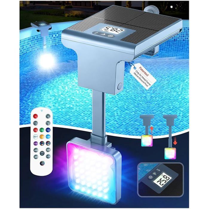 2 en 1 Lumiere Piscine Solaire pour Piscines Hors Sol avec Cadre Métallique Thermomètre For Metal Frame Above Ground Po PROJECTEUR