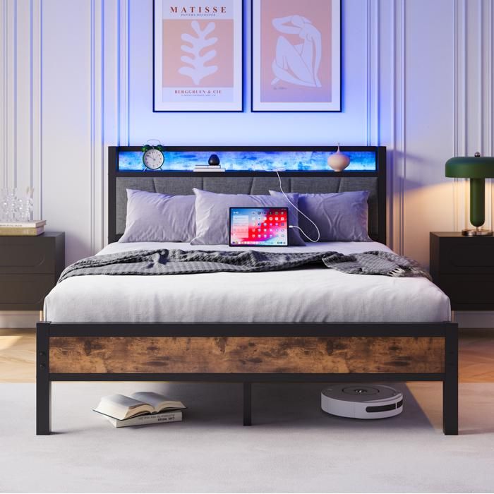 Lit Double 140 x 200 cm Cadre de Lit éclairage LED tête de lit station de charge USB plateforme en métal renforcé sans bruit