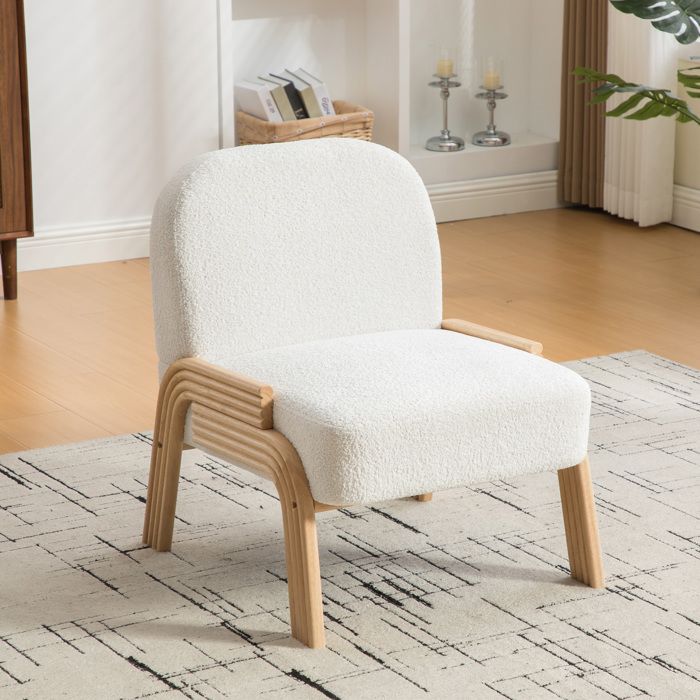 Fauteuil de salon scandinave sans accoudoirs tissu chenille doux pieds bois massif pour chambre salon ivoire