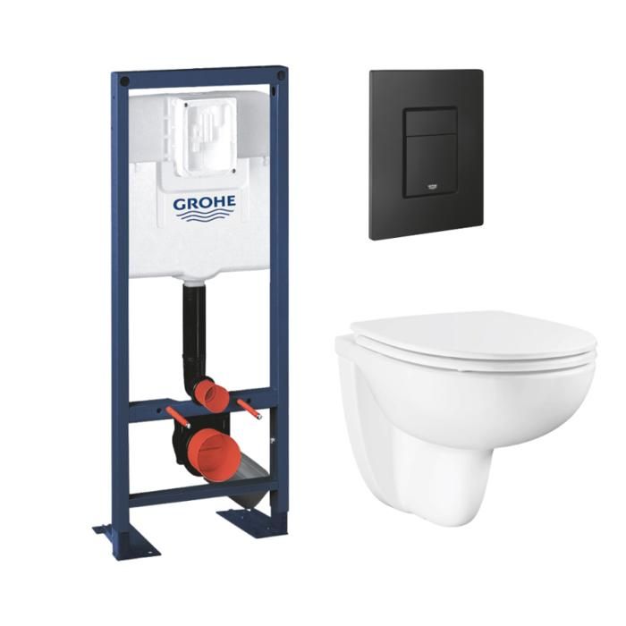 Grohe Pack bâti-support largeur réduite Rapid SL + Cuvette suspendue sans bride abattant BauCeramic + Plaque commande noir mat