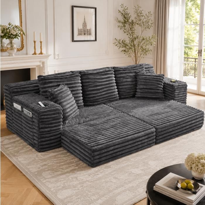 Canapé-lit compressé modulable en velours côtelé gris foncé 273 x 98 x 87 cm avec poches et porte-gobelets
