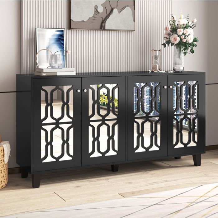 MEULVA Buffet bas 4 portes noir effet miroir 160 x 40 x 84 cm en MDF avec 2 étagères amovibles