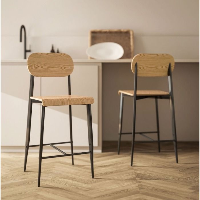Lot de 2 tabourets de bar style industriel 66 cm avec dossier et repose-pieds métal noir aspect bois naturel