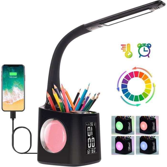 Lampe de bureau enfant avec porte-stylos horloge et lumière nocturne RGB - variateur tactile orientable 360°