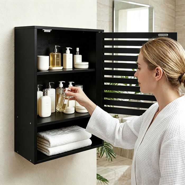 OHMG-Meuble Mural Pour Salle De Bains-Porte À Persiennes-Respirant-Fixation Murale-Bambou-Adaptation Dangle-20*40*60cm-Noir