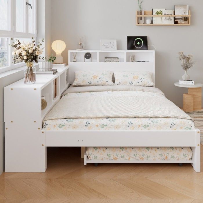 Lit Simple bois 120x200 avec lit gigogne 90x190 lit blanc fonctionnel rangement étagères et station recharge Sans Matelas