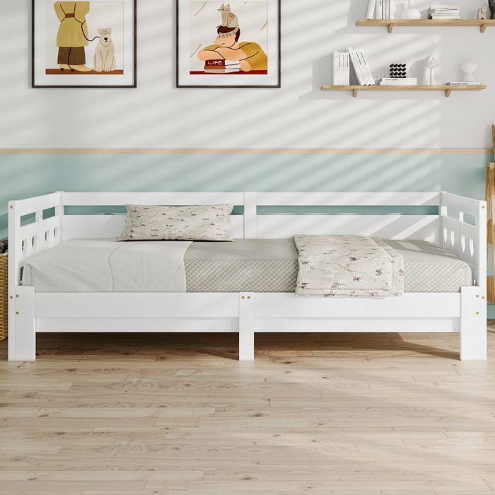 Lit banquette 90x200 cm en pin massif blanc avec lit gigogne à roulettes et tête de lit en forme de cœur sans matelas