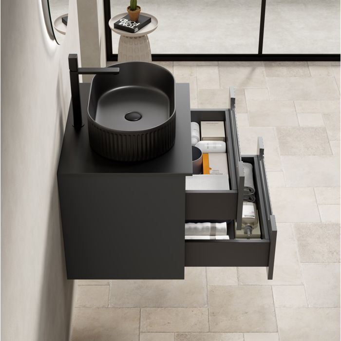 ULEVR Meuble sous vasque suspendu 60 cm avec vasque ovale noire plan en pierre frittée 2 tiroirs gris foncé