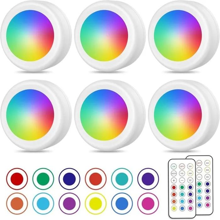 Spots LED sans fil éclairage de placard coloré avec télécommande alimentés par piles lot de 6 blancs