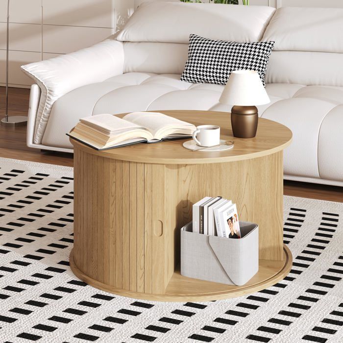 Koioplie Table basse ronde 28 mid-century avec rangement et porte coulissante tambour bords arrondis chêne