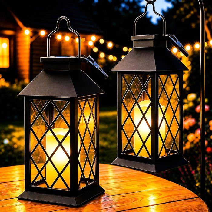 Lot de 2 lanternes solaires LED 22 cm style marocain - bougie scintillante IP44 suspension et lampe table extérieur noir